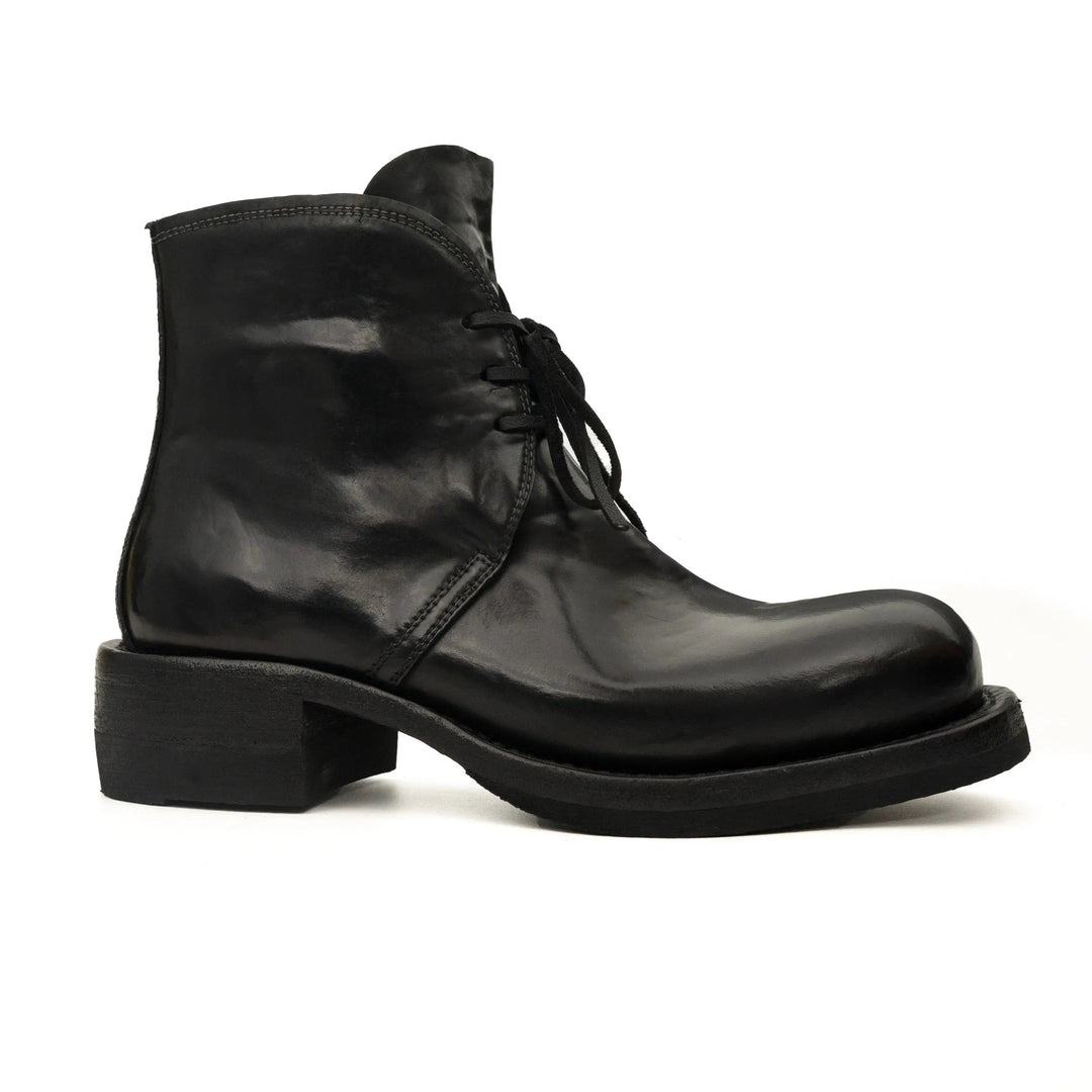 Black Plain-Toe Horse Butt Leather Ankle Boots