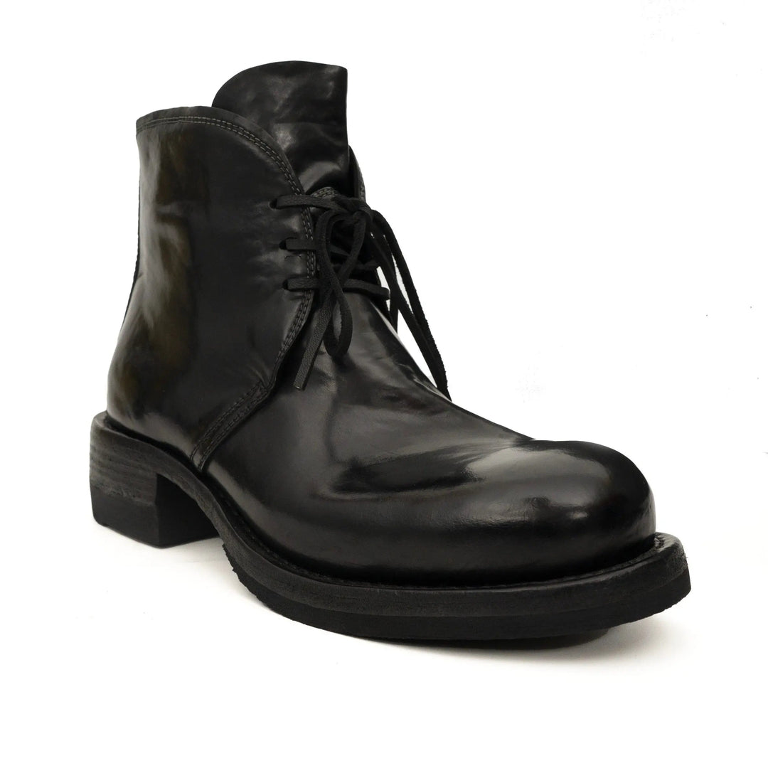Black Plain-Toe Horse Butt Leather Ankle Boots