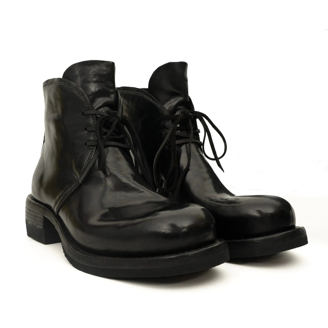 Black Plain-Toe Horse Butt Leather Ankle Boots