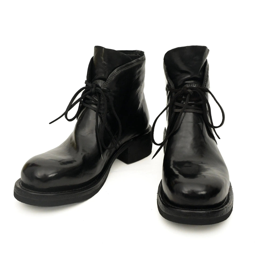 Black Plain-Toe Horse Butt Leather Ankle Boots