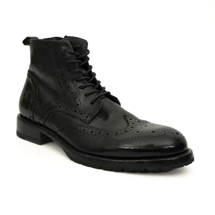 Black Wingtip Calf Leather Ankle Boots