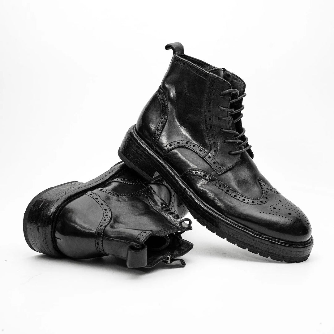 Black Wingtip Cow Leather Ankle Boots