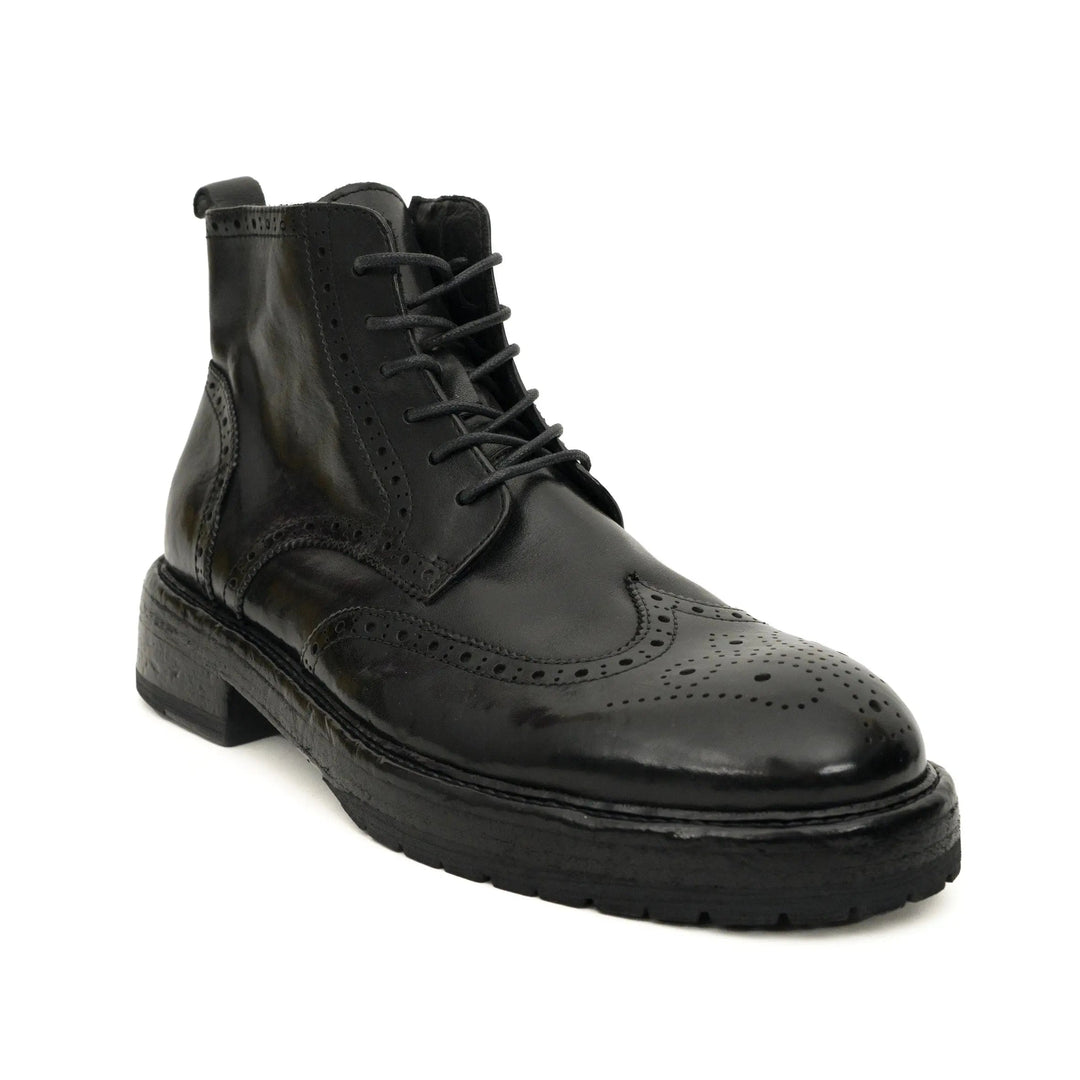 Black Wingtip Cow Leather Ankle Boots