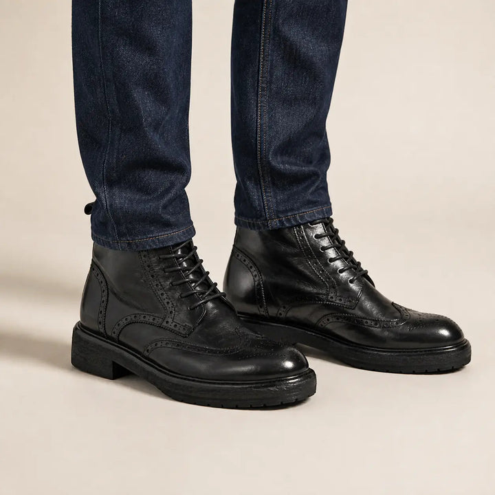 Black Wingtip Cow Leather Ankle Boots