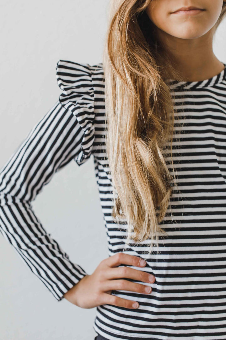 Black &amp; White Stripe L/S Ruffle Tee