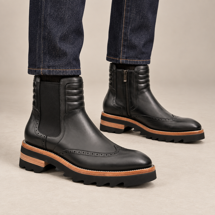 Black Wingtip Brogue Chelsea Boots with Tan Trim