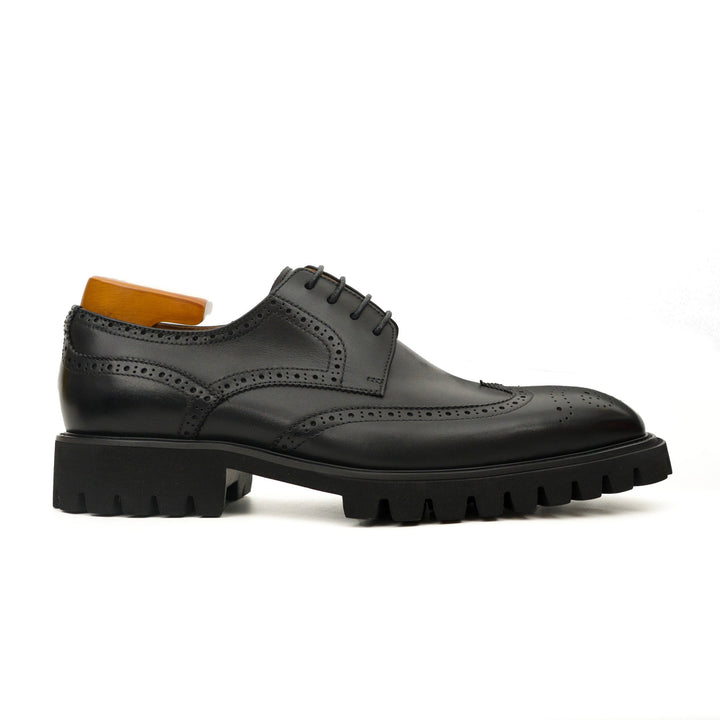 Black Wingtip Brogue Derby Shoes with Toe Medallion