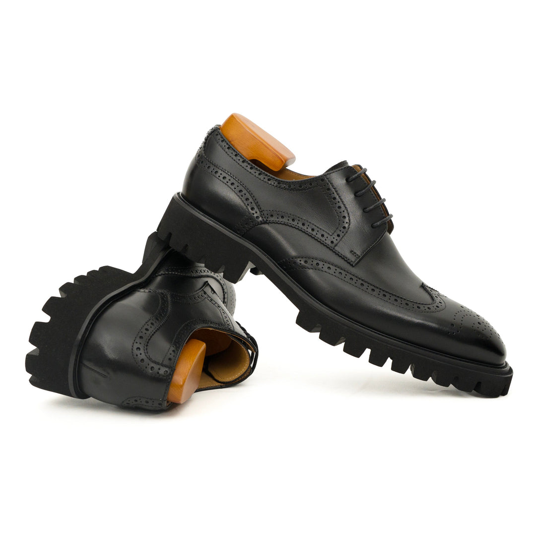 Black Wingtip Brogue Derby Shoes with Toe Medallion