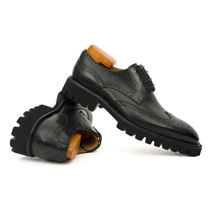 Black Wingtip Brogue Derby Shoes with Toe Medallion