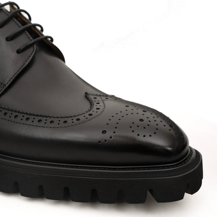 Black Wingtip Brogue Derby Shoes with Toe Medallion