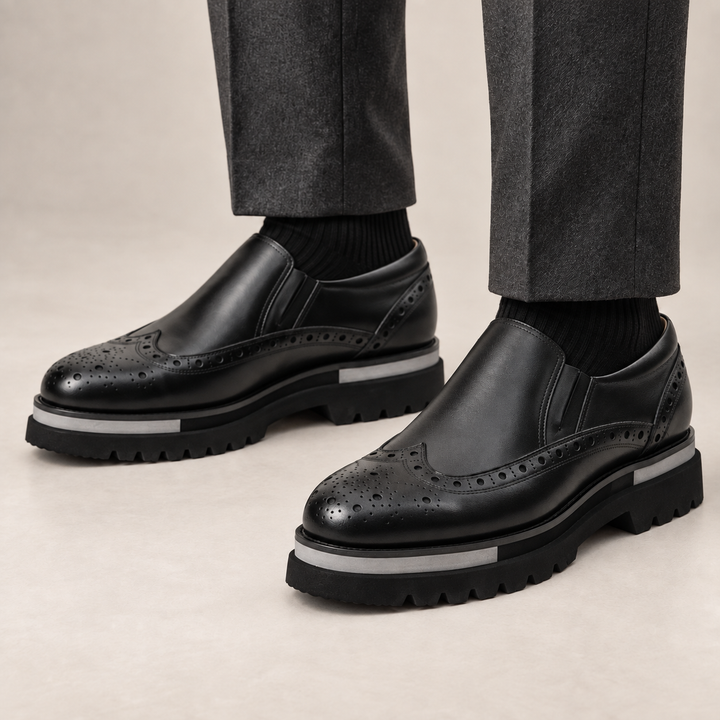 Black Wingtip Brogue Slip-On Shoes