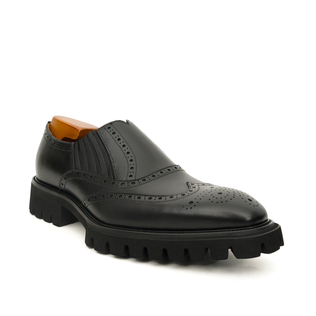 Black Wingtip Brogue Slip-On Shoes with Lug Sole
