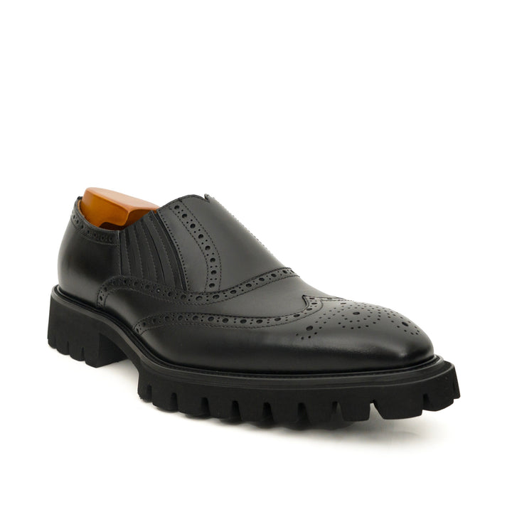 Black Wingtip Brogue Slip-On Shoes with Lug Sole