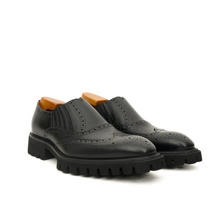 Black Wingtip Brogue Slip-On Shoes with Lug Sole