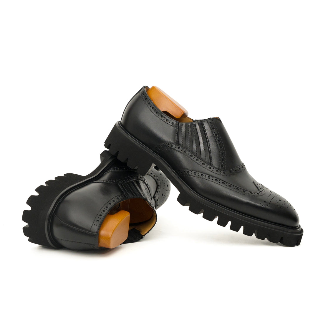 Black Wingtip Brogue Slip-On Shoes with Lug Sole