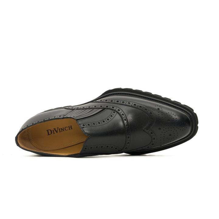 Black Wingtip Brogue Slip-On Shoes with Lug Sole