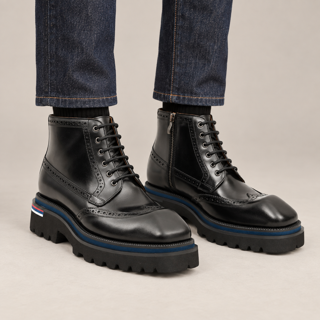 Black Wingtip Calf Leather Ankle Boots