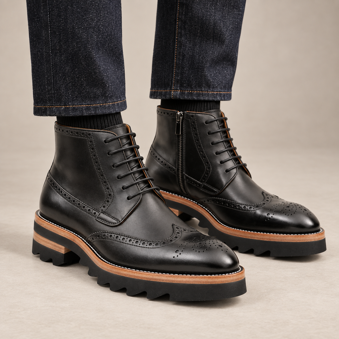 Black Wingtip Calf Leather Ankle Boots