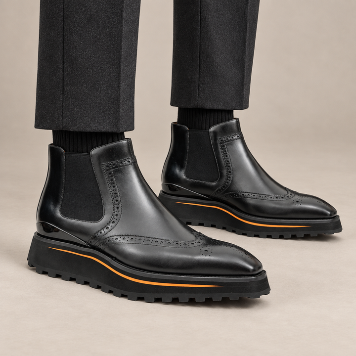 Black Wingtip Calf Leather Chelsea Boots