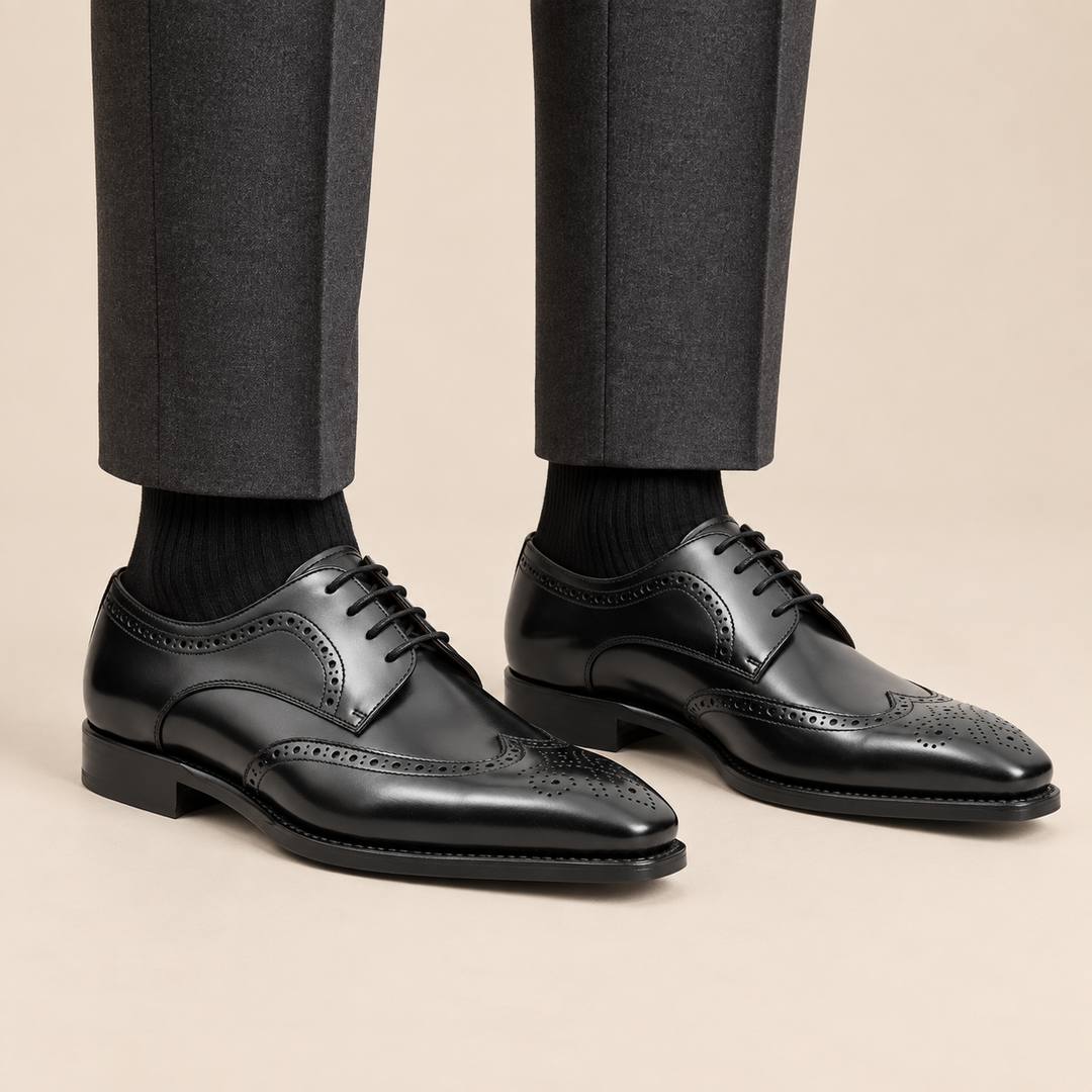 Black Wingtip Calf Leather Derby Shoes