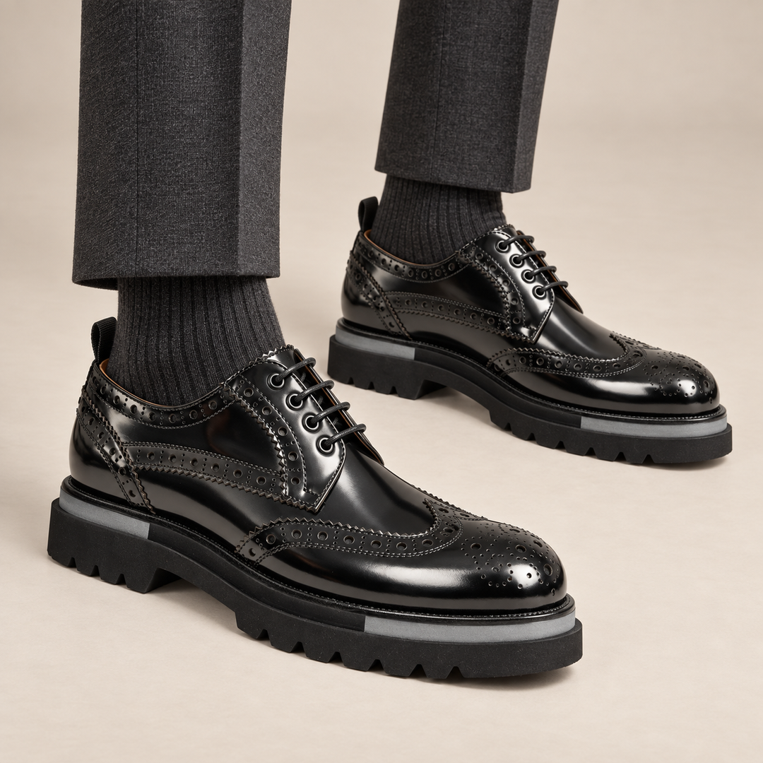 Black Wingtip Calf Leather Derby Shoes with Gray Sole Stripe