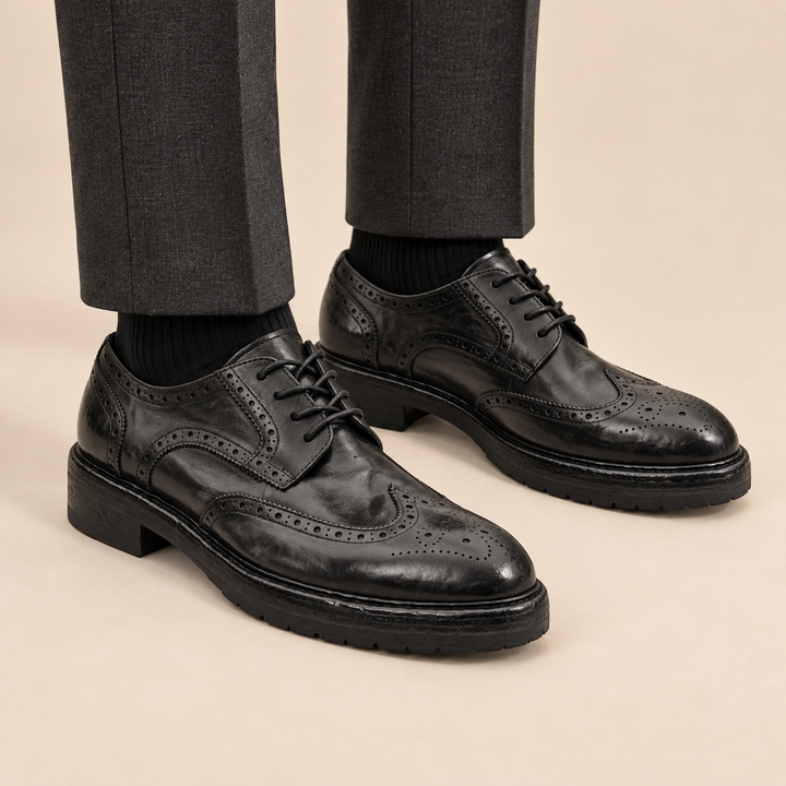 Black Wingtip Cow Leather Derby Shoes