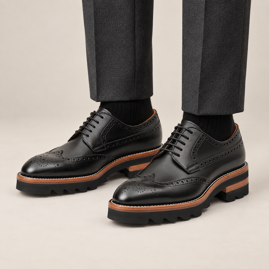Black Wingtip Cow Leather Derby Shoes