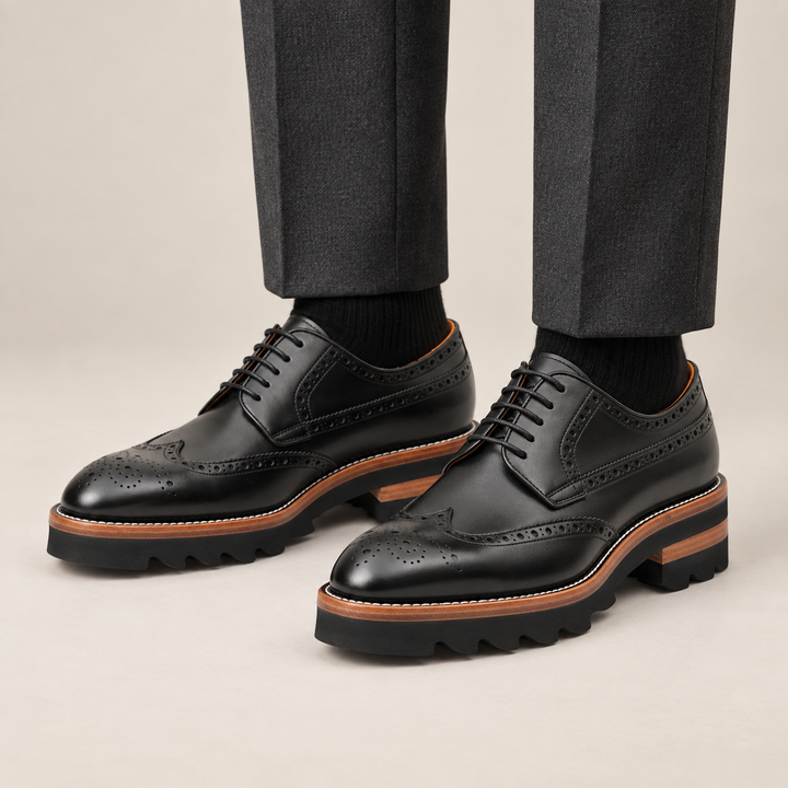 Black Wingtip Cow Leather Derby Shoes