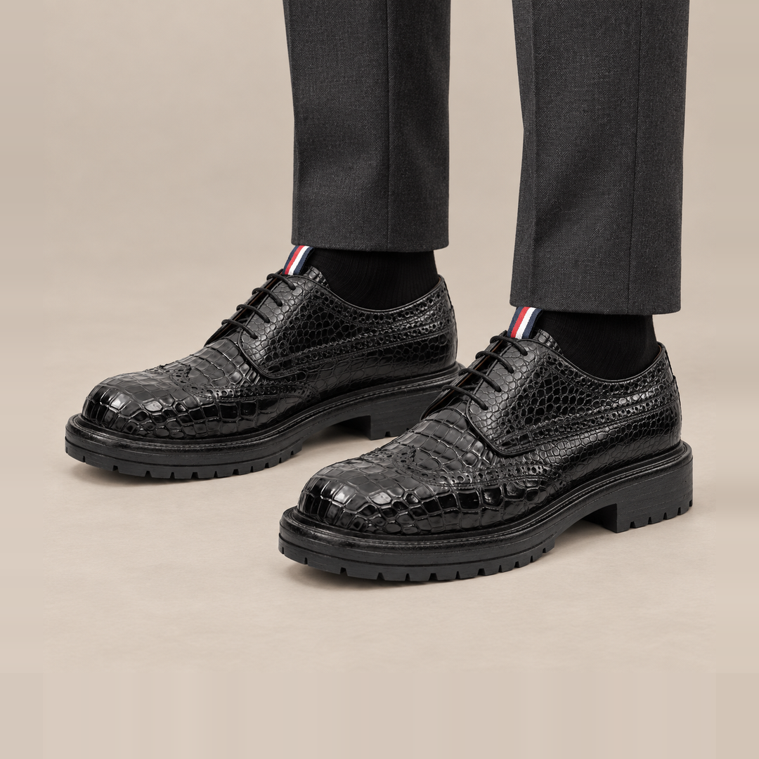 Black Wingtip Crocodile Leather Derby Shoes