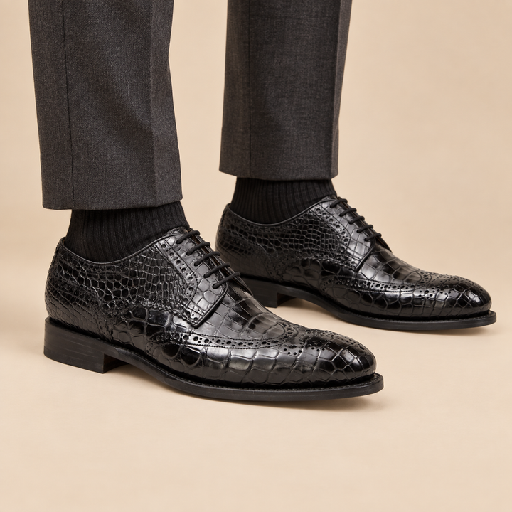 Black Wingtip Crocodile Leather Derby Shoes