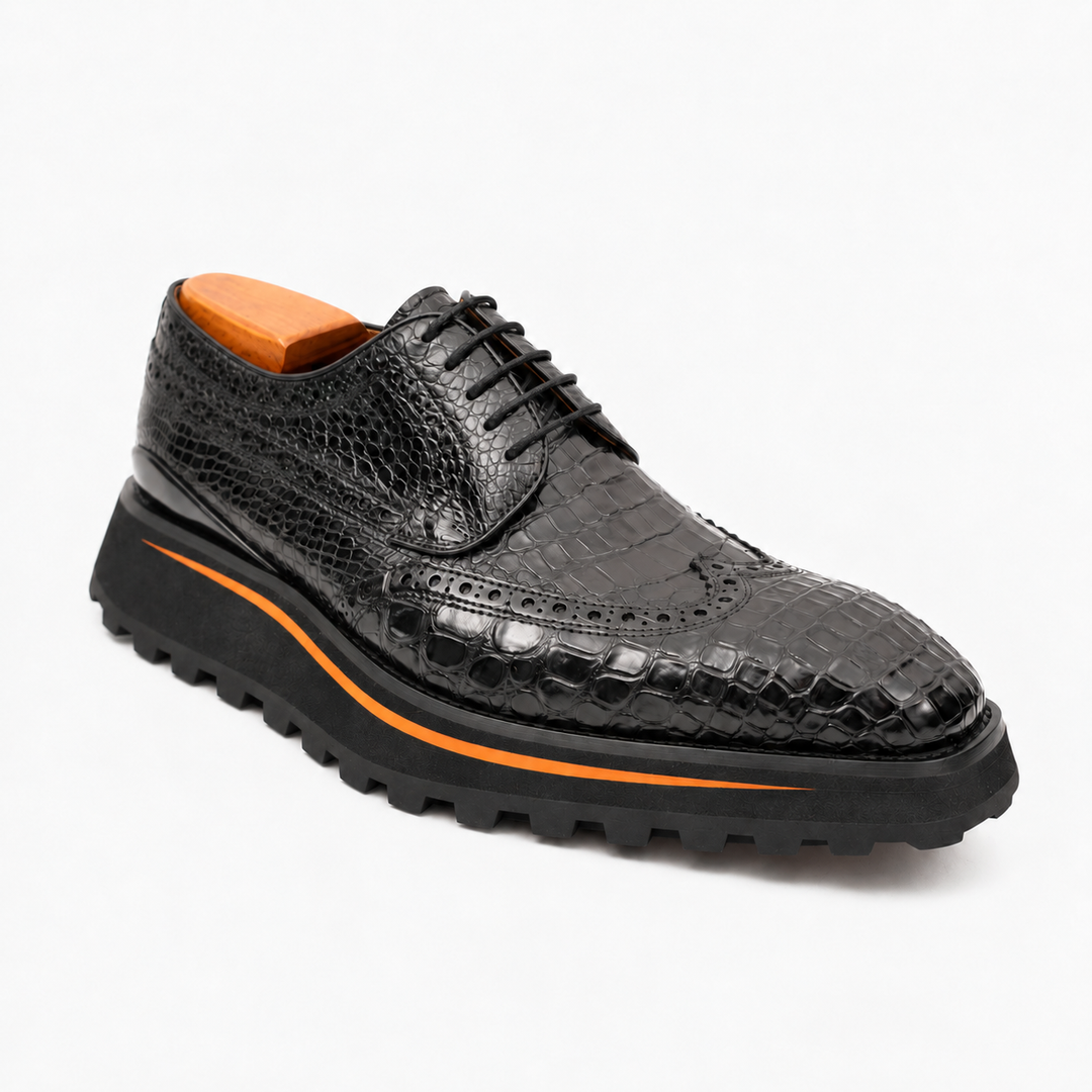 Black Wingtip Crocodile Leather Derby Shoes