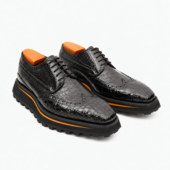 Black Wingtip Crocodile Leather Derby Shoes