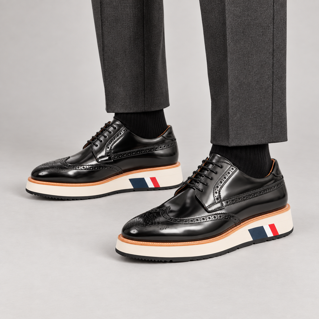 Black Wingtip Derby Shoes with Color-Block Sole