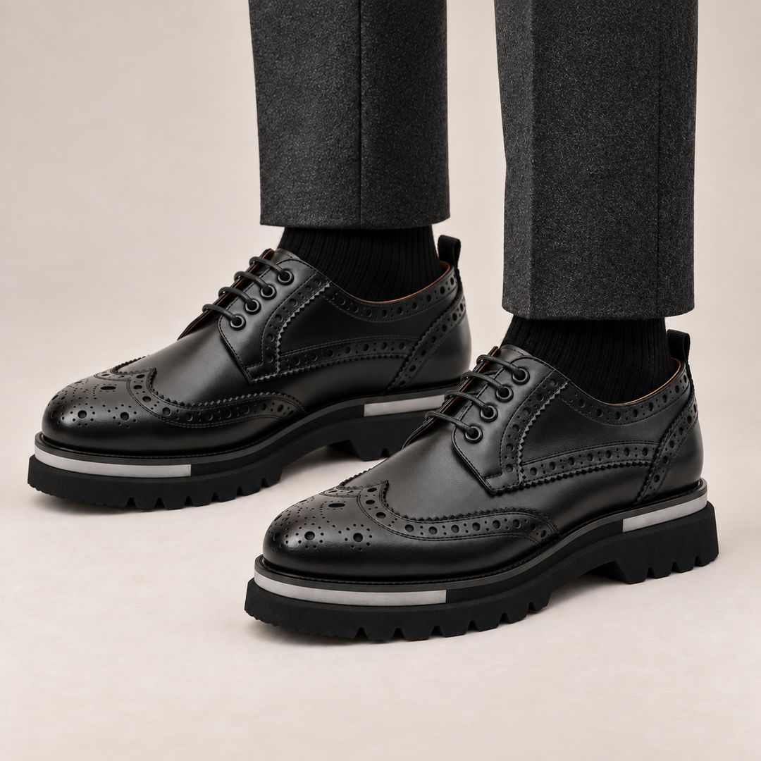 Black Wingtip Derby Shoes with Pale Sole Stripe