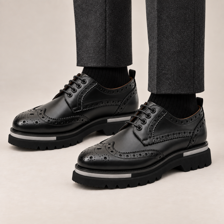 Black Wingtip Derby Shoes with Pale Sole Stripe