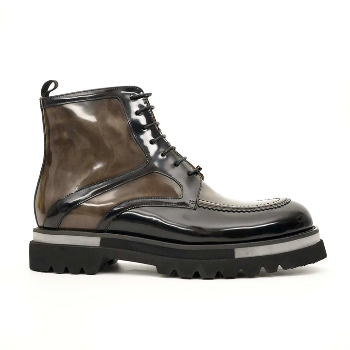 Brown-Black Apron-Toe Leather Lace-Up Boots