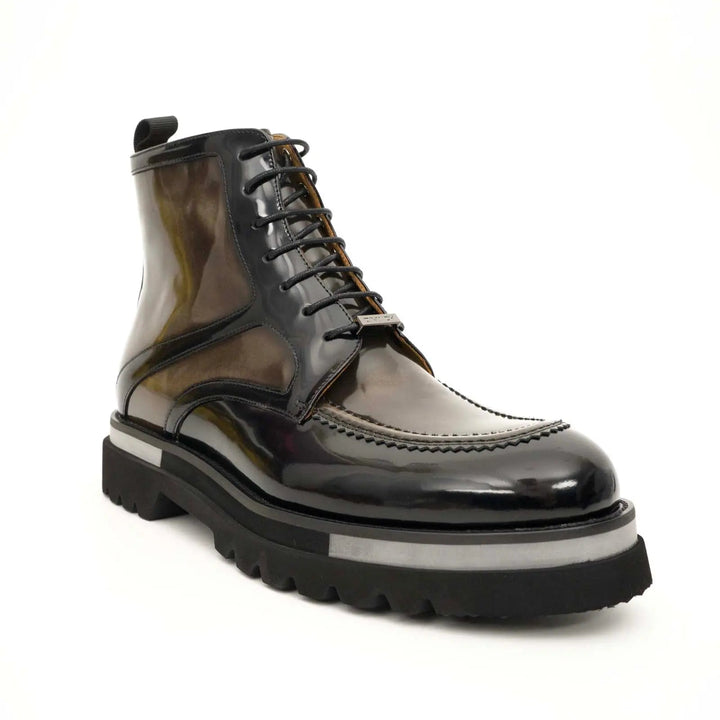 Brown-Black Apron-Toe Leather Lace-Up Boots