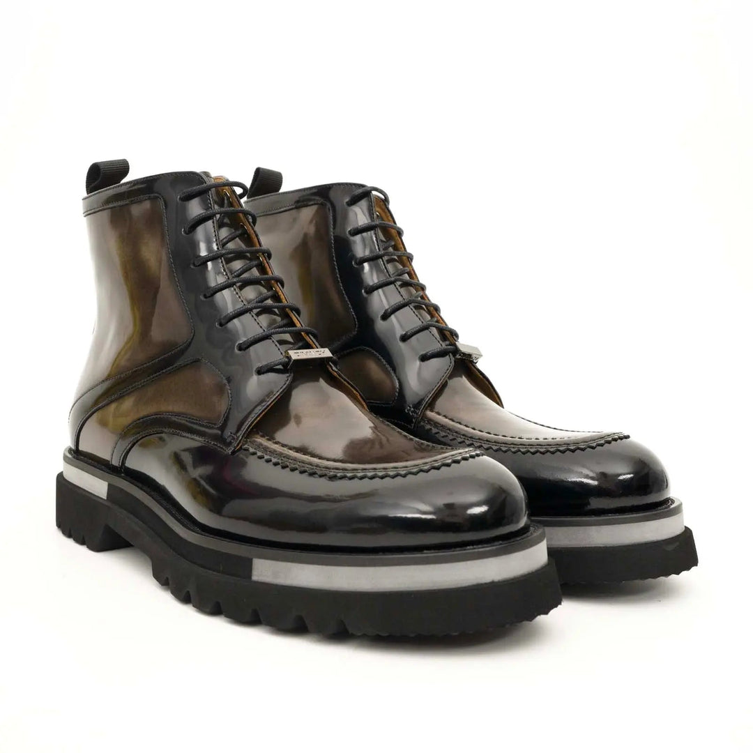 Brown-Black Apron-Toe Leather Lace-Up Boots