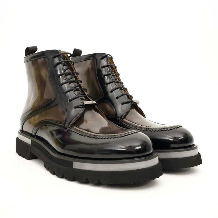 Brown-Black Apron-Toe Leather Lace-Up Boots