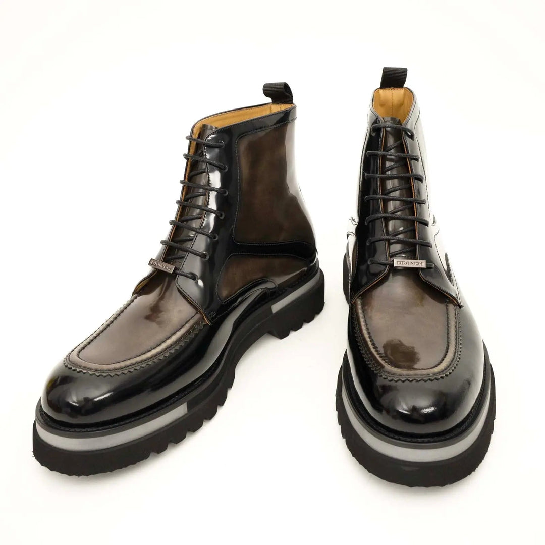 Brown-Black Apron-Toe Leather Lace-Up Boots