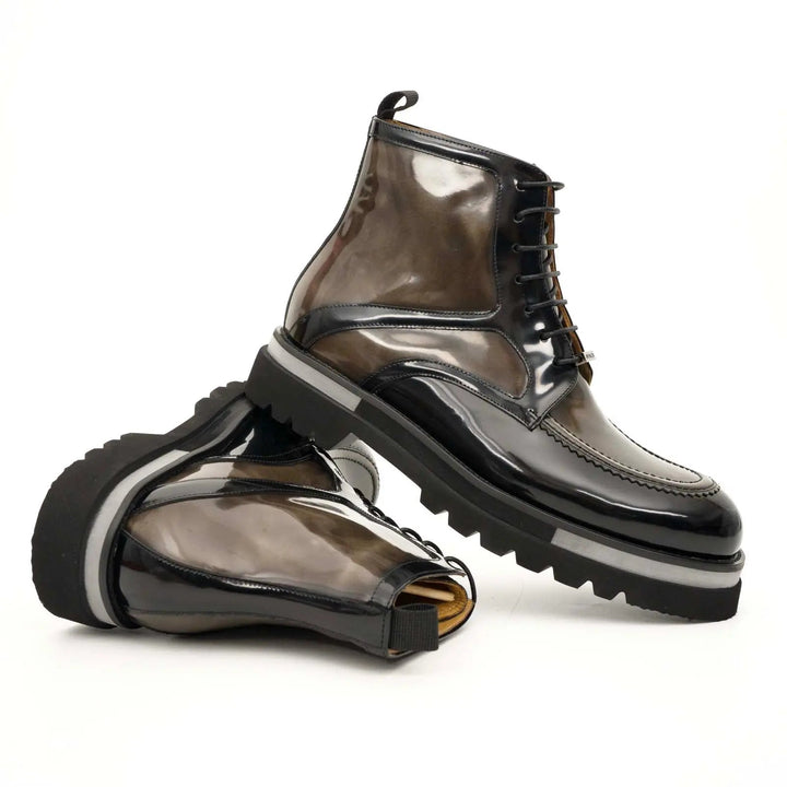 Brown-Black Apron-Toe Leather Lace-Up Boots