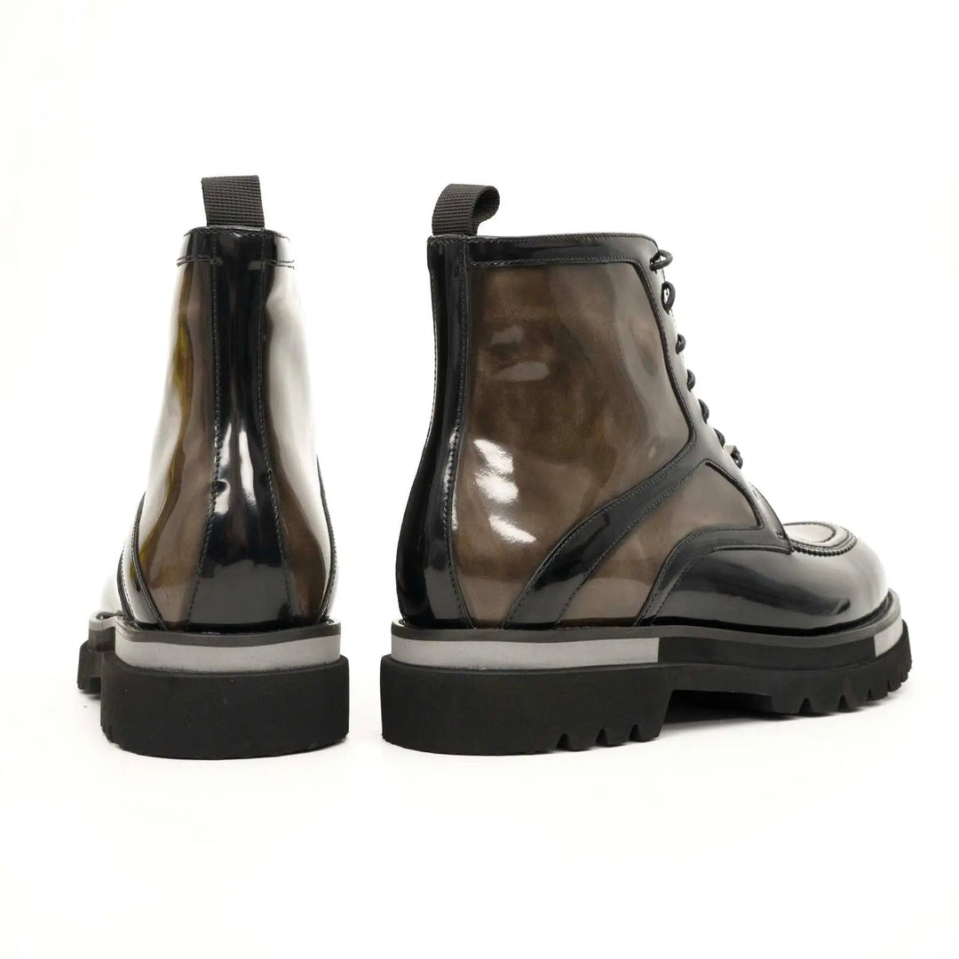 Brown-Black Apron-Toe Leather Lace-Up Boots
