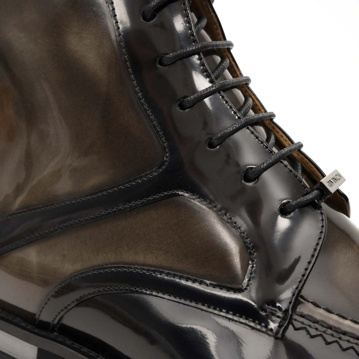 Brown-Black Apron-Toe Leather Lace-Up Boots