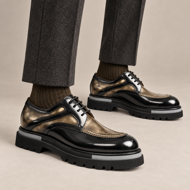Black and Bronze Calf Leather Moc-Toe Derby Shoes