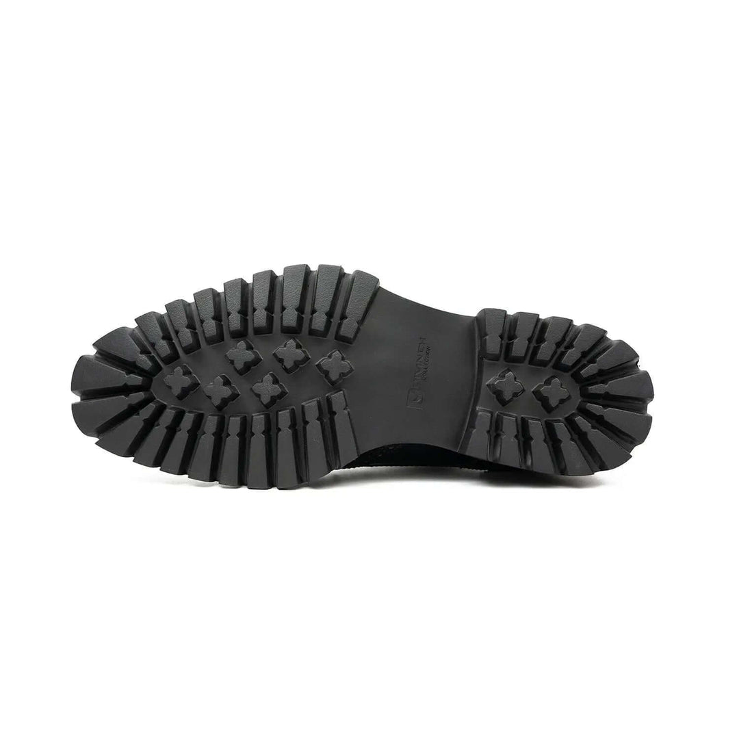 Black derby brogue shoes sole view, featuring a rugged lug sole for grip and comfort, handcrafted DV DIVINCH calfskin leather.