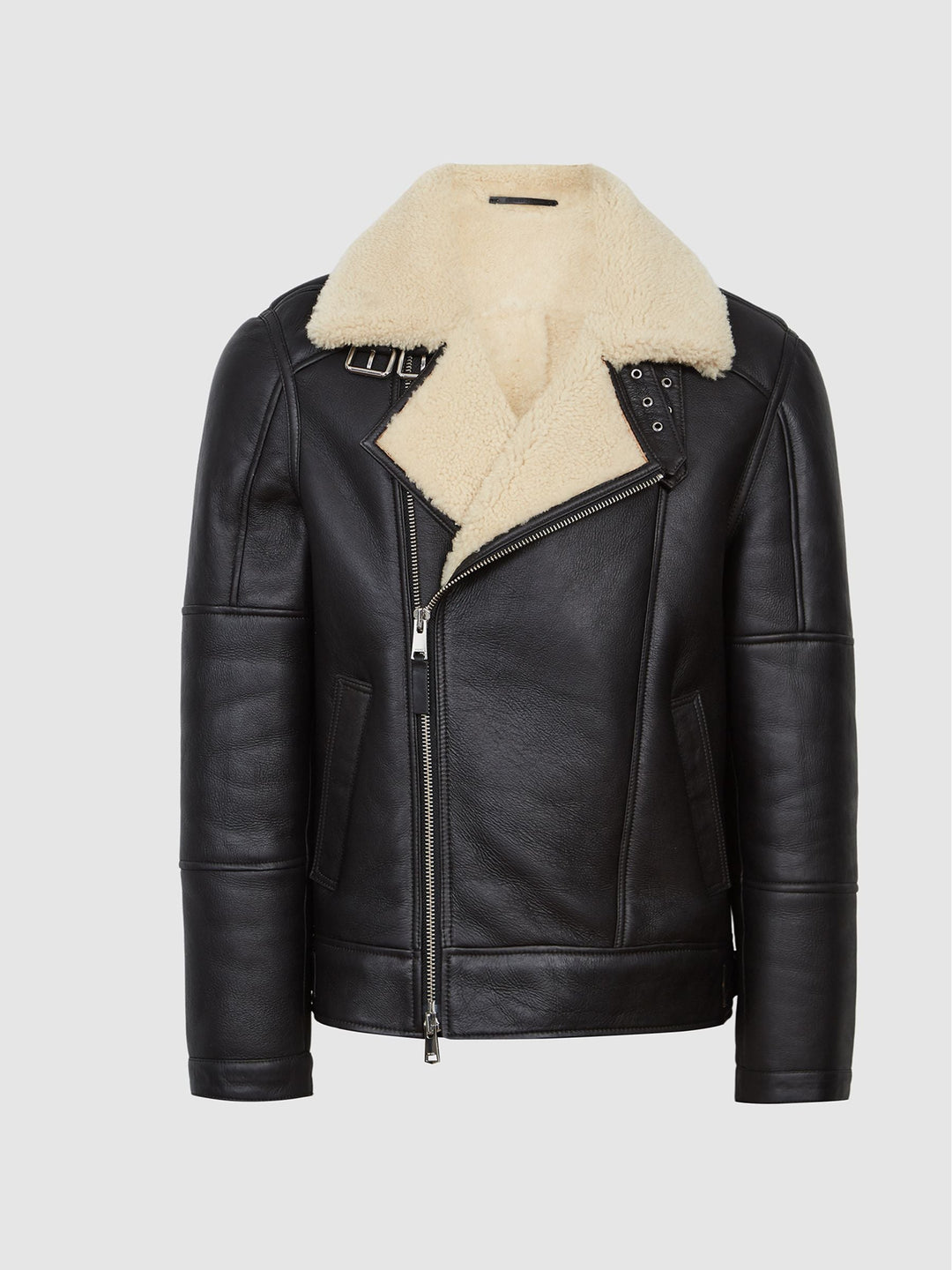 Black Asymmetric Leather Aviator Jacket with Cream Faux Shearling