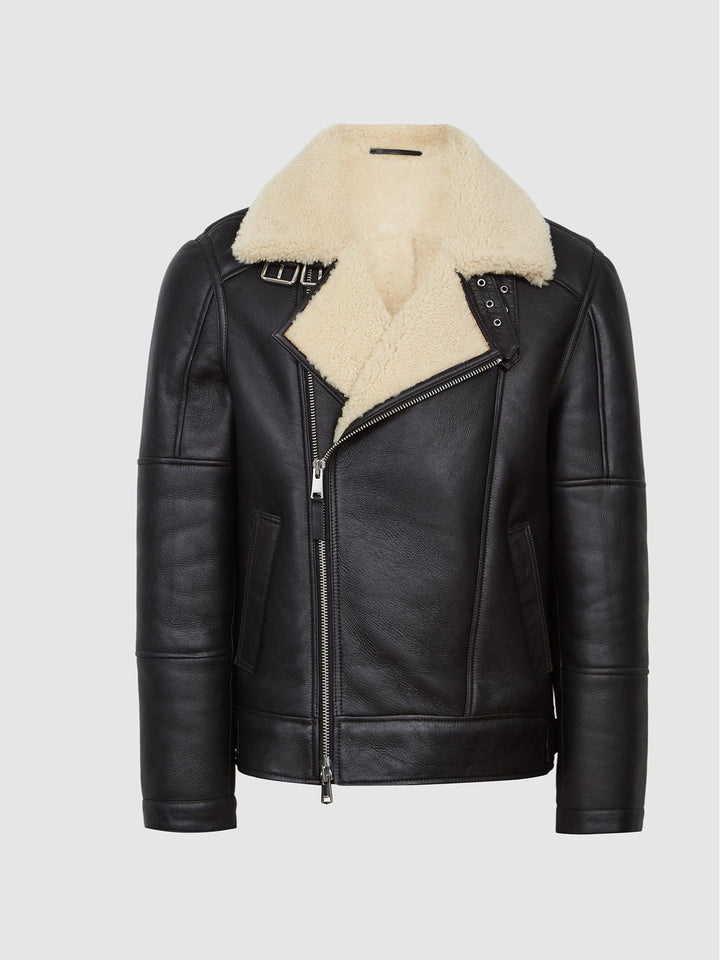 Black Asymmetric Leather Aviator Jacket with Cream Faux Shearling