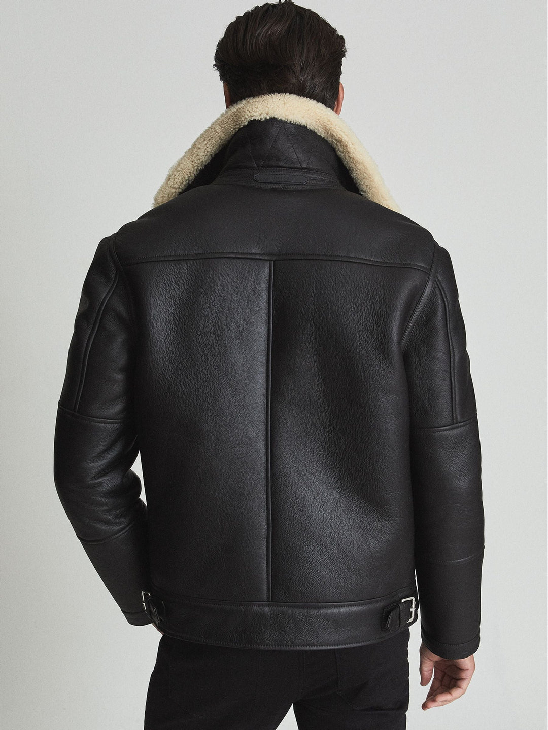 Black Asymmetric Leather Aviator Jacket with Cream Faux Shearling