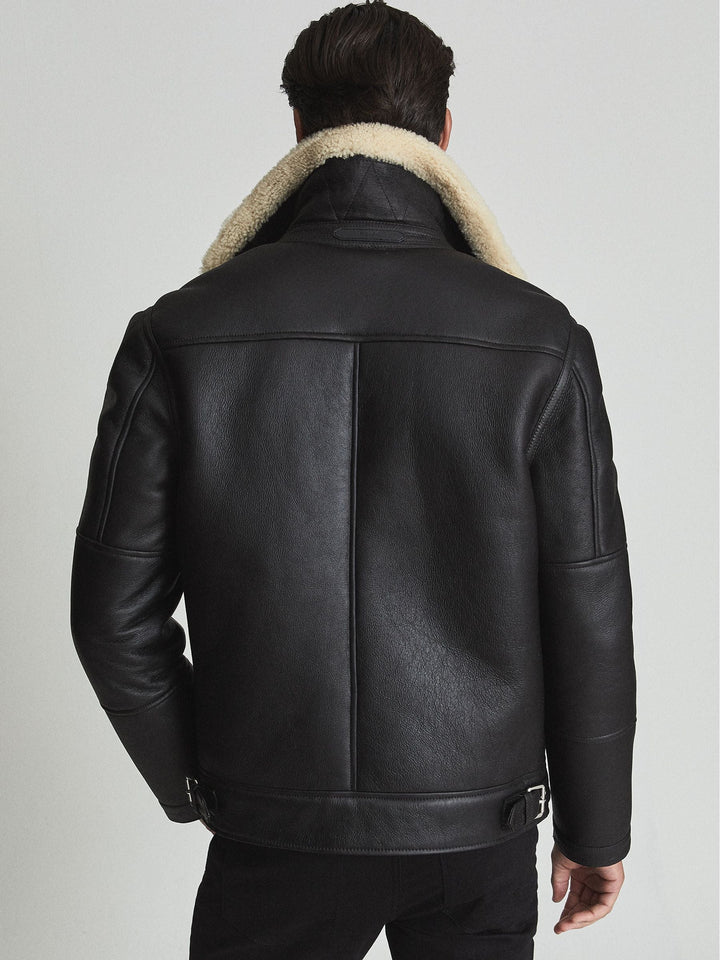 Black Asymmetric Leather Aviator Jacket with Cream Faux Shearling