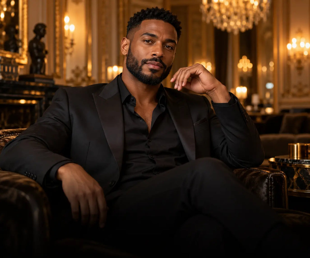Black man in a tailored black suit and open-collar shirt seated in an ornate gold-toned lounge.